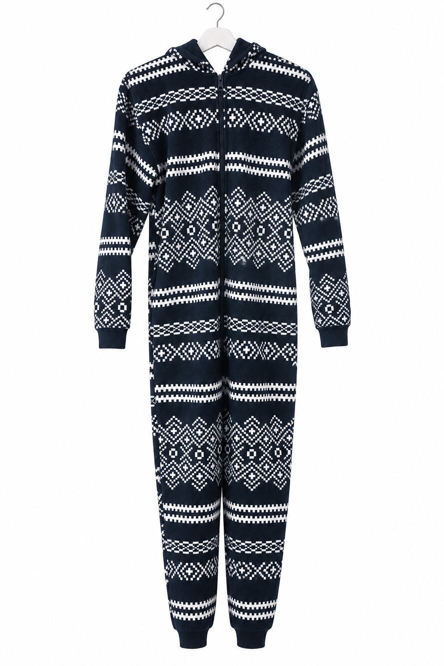 Fabletics Cozy Fleece Hooded One-Piece Women's S Winter Nights Fair Isle Pajamas